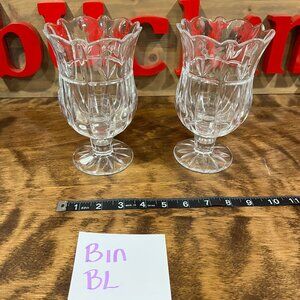 2 Tulip Garden Pedestal Hurricane Vases, Clear Cut Block 24% Lead Crystal 7”